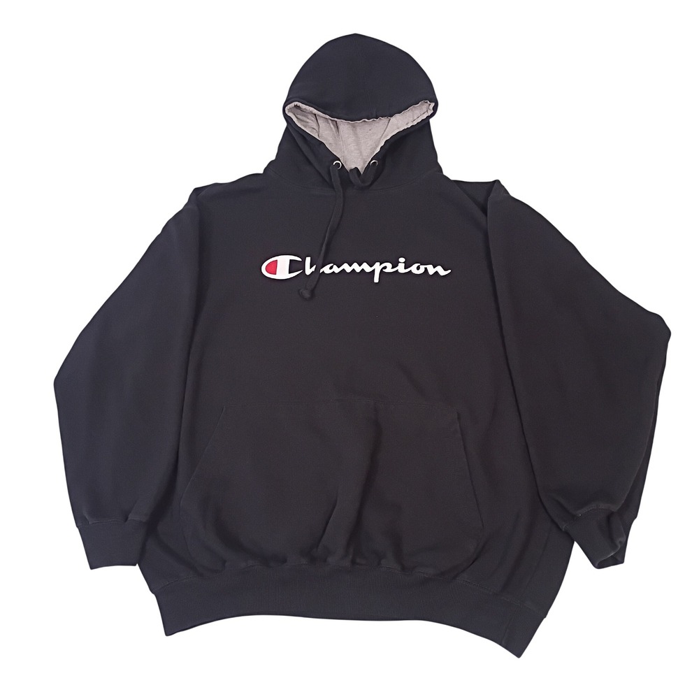 Champion Mens 2XL Black Script Logo‎ Pullover Hoodie Fleece Sweatshirt